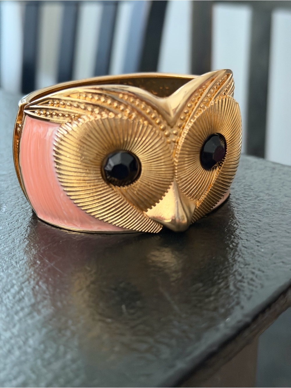 Miella Pink & Gold Tone Enamel Owl Cuff Bracelet Free Size Peach Salmon
